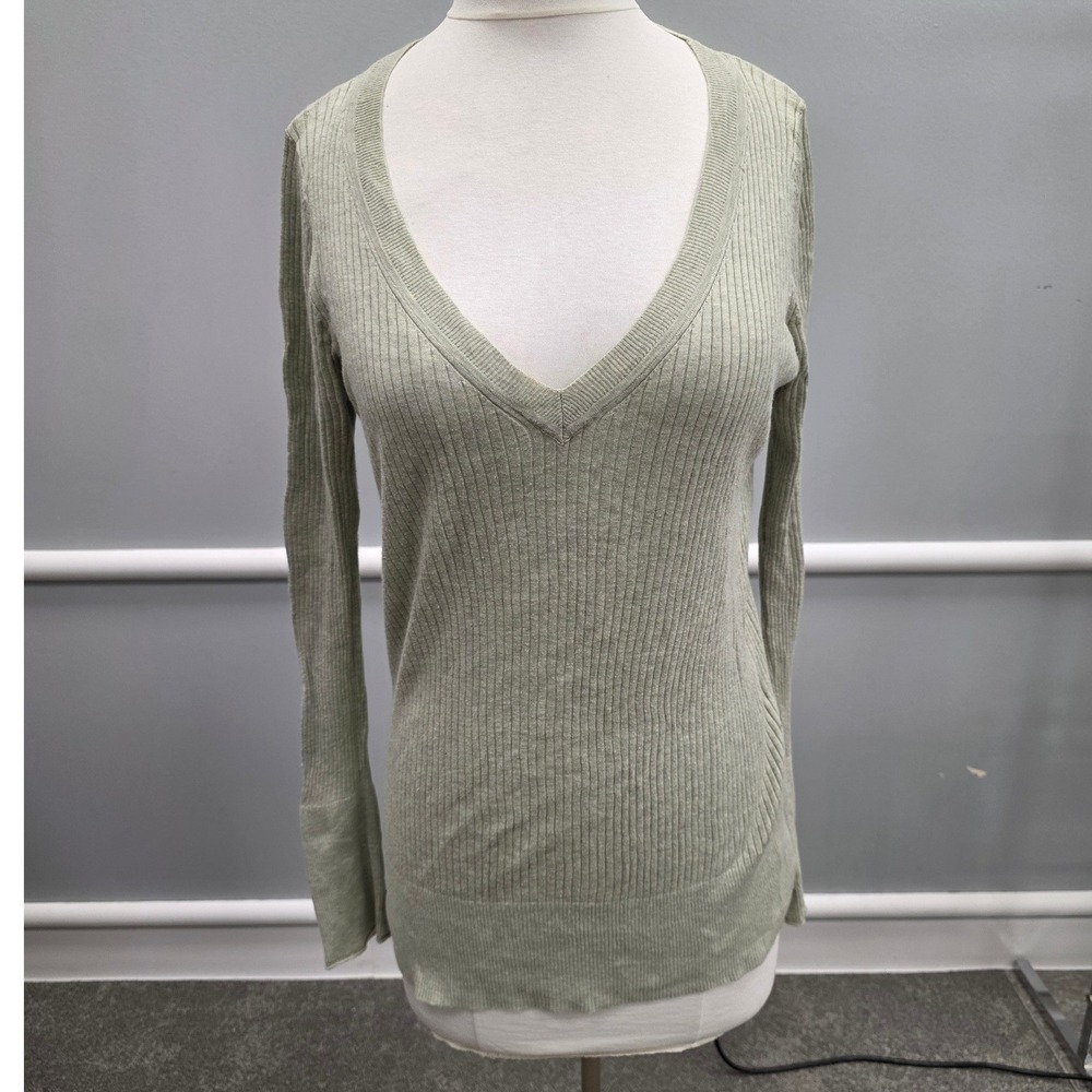 Gap Sage Green Ribbed Knit V-Neck Sweater Cotton Bell Sleeve XL